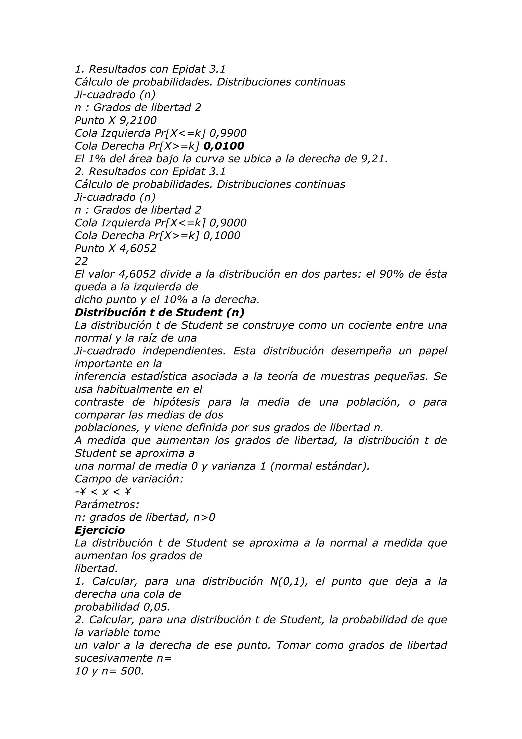 1. Resultados con Epidat 3.1
Cálculo de probabilidades. Distribuciones continuas
Ji-cuadrado (n)
n : Grados de libertad 2
Punto X 9,2100
Cola Izquierda Pr[X<=k] 0,9900
Cola Derecha Pr[X>=k] 0,0100
El 1% del área bajo la curva se ubica a la derecha de 9,21.
2. Resultados con Epidat 3.1
Cálculo de probabilidades. Distribuciones continuas
Ji-cuadrado (n)
n : Grados de libertad 2
Cola Izquierda Pr[X<=k] 0,9000
Cola Derecha Pr[X>=k] 0,1000
Punto X 4,6052
22
El valor 4,6052 divide a la distribución en dos partes: el 90% de ésta
queda a la izquierda de
dicho punto y el 10% a la derecha.
Distribución t de Student (n)
La distribución t de Student se construye como un cociente entre una
normal y la raíz de una
Ji-cuadrado independientes. Esta distribución desempeña un papel
importante en la
inferencia estadística asociada a la teoría de muestras pequeñas. Se
usa habitualmente en el
contraste de hipótesis para la media de una población, o para
comparar las medias de dos
poblaciones, y viene definida por sus grados de libertad n.
A medida que aumentan los grados de libertad, la distribución t de
Student se aproxima a
una normal de media 0 y varianza 1 (normal estándar).
Campo de variación:
-¥ < x < ¥
Parámetros:
n: grados de libertad, n>0
Ejercicio
La distribución t de Student se aproxima a la normal a medida que
aumentan los grados de
libertad.
1. Calcular, para una distribución N(0,1), el punto que deja a la
derecha una cola de
probabilidad 0,05.
2. Calcular, para una distribución t de Student, la probabilidad de que
la variable tome
un valor a la derecha de ese punto. Tomar como grados de libertad
sucesivamente n=
10 y n= 500.
 
