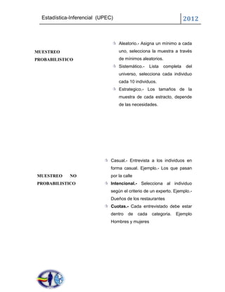 Estadística-Inferencial (UPEC)                                        2012


                                Aleatorio.- Asigna un mínimo a cada
MUESTREO                           uno, selecciona la muestra a través
PROBABILISTICO                     de mínimos aleatorios.
                                Sistemático.-       Lista   completa   del
                                   universo, selecciona cada individuo
                                   cada 10 individuos.
                                Estrategico.- Los tamaños de la
                                   muestra de cada estracto, depende
                                   de las necesidades.




                             Casual.- Entrevista a los individuos en
                               forma casual. Ejemplo.- Los que pasan
MUESTREO     NO                por la calle
PROBABILISTICO               Intencional.- Selecciona al individuo
                               según el criterio de un experto. Ejemplo.-
                               Dueños de los restaurantes
                             Cuotas.- Cada entrevistado debe estar
                               dentro   de    cada    categoria.   Ejemplo
                               Hombres y mujeres
 