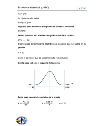 Estadística-Inferencial (UPEC)                                   2012
Ho = β=0

La hipótesis alternativa

Ha= β<0; β>0
Segundo paso determinar si la prueba es unilateral o bilateral

Bilateral

Tercer paso Asumir el nivel se significación de la prueba

95%      1,96
Cuarto paso determinar la distribución maestral que se usara en la
prueba




Como n es menor que 30 utilizaremos la T de estudent

Quinto paso elaborar el esquema de la prueba




                -1.96                              +1.96




Sexto paso calcular el estadístico de la prueba
 