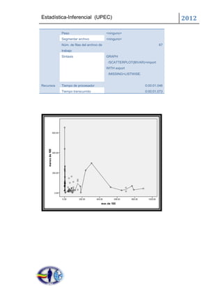 Estadística-Inferencial (UPEC)                                                2012

           Peso                           <ninguno>
           Segmentar archivo              <ninguno>
           Núm. de filas del archivo de                                 67
           trabajo
           Sintaxis                       GRAPH
                                           /SCATTERPLOT(BIVAR)=import
                                          WITH export
                                           /MISSING=LISTWISE.


Recursos   Tiempo de procesador                                 0:00:01.046
           Tiempo transcurrido                                  0:00:01.073
 