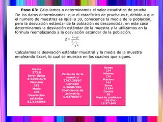 Paso 03: Calculamos o determinamos el valor estadístico de prueba
De los datos determinamos: que el estadístico de prueba es t, debido a que
el numero de muestras es igual a 30, conocemos la media de la población,
pero la desviación estándar de la población es desconocida, en este caso
determinamos la desviación estándar de la muestra y la utilizamos en la
formula reemplazando a la desviación estándar de la población.




Calculamos la desviación estándar muestral y la media de la muestra
empleando Excel, lo cual se muestra en los cuadros que sigues.

                                                Rango
         Media                                    234
         372.8                                  Mínimo
                        Varianza de la
      Error típico                                276
                           muestra
      9.56951578                               Máximo
                         2747.26897
        Mediana                                   510
                           Curtosis
          381                                    Suma
                         0.36687081             11184
          Moda
                        Coeficiente de          Cuenta
          405
                          asimetría                30
      Desviación
                         0.04706877       Nivel de confianza
        estándar
                                                 (95.0%)
      52.4143965
                                             19.571868
 