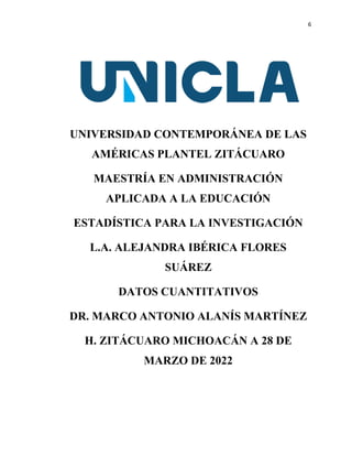 6
UNIVERSIDAD CONTEMPORÁNEA DE LAS
AMÉRICAS PLANTEL ZITÁCUARO
MAESTRÍA EN ADMINISTRACIÓN
APLICADA A LA EDUCACIÓN
ESTADÍSTICA PARA LA INVESTIGACIÓN
L.A. ALEJANDRA IBÉRICA FLORES
SUÁREZ
DATOS CUANTITATIVOS
DR. MARCO ANTONIO ALANÍS MARTÍNEZ
H. ZITÁCUARO MICHOACÁN A 28 DE
MARZO DE 2022
 