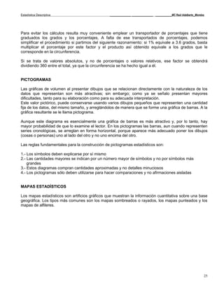 Estadística Descriptiva                          _____________ _____________ __________MC Raúl Adalberto_Morelos




Para evitar los cálculos resulta muy conveniente emplear un transportador de porcentajes que tiene
graduados los grados y los porcentajes, A falta de ese transportados de porcentajes, podemos
simplificar el procedimiento si partimos del siguiente razonamiento: si 1% equivale a 3.6 grados, basta
multiplicar el porcentaje por este factor y el producto así obtenido equivale a los grados que le
corresponde en la circunferencia.

Si se trata de valores absolutos, y no de porcentajes o valores relativos, ese factor se obtendrá
dividiendo 360 entre el total, ya que la circunferencia se ha hecho igual a él.


PICTOGRAMAS

Las gráficas de volumen al presentar dibujos que se relacionan directamente con la naturaleza de los
datos que representan son más atractivas; sin embargo; como ya se señalo presentan mayores
dificultades, tanto para su elaboración como para su adecuada interpretación.
Este valor pictórico, puede conservarse usando varios dibujos pequeños que representen una cantidad
fija de los datos, del mismo tamaño, y arreglándolos de manera que se forme una gráfica de barras. A la
gráfica resultante se le llama pictograma.

Aunque este diagrama es esencialmente una gráfica de barras es más atractivo y, por lo tanto, hay
mayor probabilidad de que lo examine el lector. En los pictogramas las barras, aun cuando representen
series cronológicas, se arreglan en forma horizontal, porque aparece más adecuado poner los dibujos
(cosas o personas) uno al lado del otro y no uno encima del otro.

Las reglas fundamentales para la construcción de pictogramas estadísticos son:

1.- Los símbolos deben explicarse por sí mismo
2.- Las cantidades mayores se indican por un número mayor de símbolos y no por símbolos más
    grandes
3.- Estos diagramas compran cantidades aproximadas y no detalles minuciosos
4.- Los pictogramas sólo deben utilizarse para hacer comparaciones y no afirmaciones aisladas


MAPAS ESTADÍSTICOS

Los mapas estadísticos son artificios gráficos que muestran la información cuantitativa sobre una base
geográfica. Los tipos más comunes son los mapas sombreados o rayados, los mapas punteados y los
mapas de alfileres.




                                                                                                               25
 