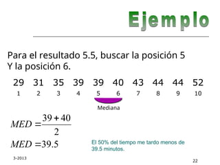 3-2013
El 50% del tiempo me tardo menos de
39.5 minutos.
22
Para el resultado 5.5, buscar la posición 5
Y la posición 6.
5
.
39
2
40
39



MED
MED
29 31 35 39 39 40 43 44 44 52
1 2 3 4 5 6 7 8 9 10
Mediana
 