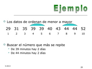 3-2013
28
 Los datos de ordenan de menor a mayor
 Buscar el número que más se repite
 De 39 minutos hay 2 días
 De 44 minutos hay 2 días
29 31 35 39 39 40 43 44 44 52
1 2 3 4 5 6 7 8 9 10
 