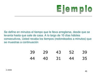 2-2008
46
Se define en minutos el tiempo que le lleva arreglarse, desde que se
levanta hasta que sale de casa. A lo largo de 10 días hábiles
consecutivos, Usted recaba los tiempos (redondeados a minutos) que
se muestras a continuación
39 29 43 52 39
44 40 31 44 35
 