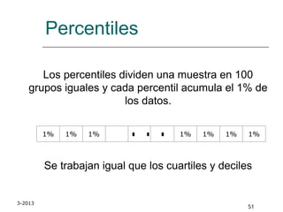 3-2013
51
Percentiles
Los percentiles dividen una muestra en 100
grupos iguales y cada percentil acumula el 1% de
los datos.
Se trabajan igual que los cuartiles y deciles
1% 1% 1% 1% 1% 1% 1%
 