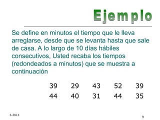 3-2013
9
Se define en minutos el tiempo que le lleva
arreglarse, desde que se levanta hasta que sale
de casa. A lo largo de 10 días hábiles
consecutivos, Usted recaba los tiempos
(redondeados a minutos) que se muestra a
continuación
39 29 43 52 39
44 40 31 44 35
 