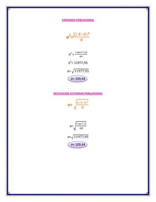 VARIANZA POBLACIONAL
σ2
=
σ2
=
σ2
= 11977,95
σ=
σ= 109,44
DESVIACION ESTANDAR POBLACIONAL
σ=
σ=
σ=
σ= 109,44
 