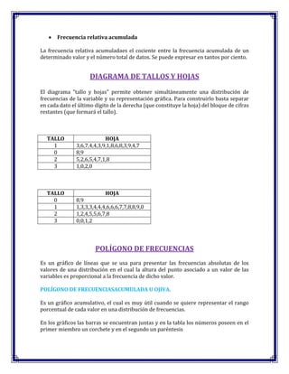 Frecuencia relativa acumulada
La frecuencia relativa acumuladaes el cociente entre la frecuencia acumulada de un
determinado valor y el número total de datos. Se puede expresar en tantos por ciento.
DIAGRAMA DE TALLOS Y HOJAS
El diagrama "tallo y hojas" permite obtener simultáneamente una distribución de
frecuencias de la variable y su representación gráfica. Para construirlo basta separar
en cada dato el último dígito de la derecha (que constituye la hoja) del bloque de cifras
restantes (que formará el tallo).
TALLO HOJA
1 3,6,7,4,4,3,9,1,8,6,8,3,9,4,7
0 8,9
2 5,2,6,5,4,7,1,8
3 1,0,2,0
TALLO HOJA
0 8,9
1 1,3,3,3,4,4,4,6,6,6,7,7,8,8,9,0
2 1,2,4,5,5,6,7,8
3 0,0,1,2
POLÍGONO DE FRECUENCIAS
Es un gráfico de líneas que se usa para presentar las frecuencias absolutas de los
valores de una distribución en el cual la altura del punto asociado a un valor de las
variables es proporcional a la frecuencia de dicho valor.
POLÍGONO DE FRECUENCIASACUMULADA U OJIVA.
Es un gráfico acumulativo, el cual es muy útil cuando se quiere representar el rango
porcentual de cada valor en una distribución de frecuencias.
En los gráficos las barras se encuentran juntas y en la tabla los números poseen en el
primer miembro un corchete y en el segundo un paréntesis
 