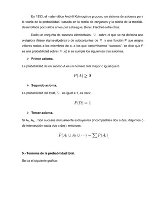 En 1933, el matemático Andréi Kolmogórov propuso un sistema de axiomas para
la teoría de la probabilidad, basado en la teoría de conjuntos y la teoría de la medida,
desarrollada poco años antes por Lebesgue, Borel, Frechet entre otros.
Dado un conjunto de sucesos elementales, , sobre el que se ha definida una
o-algebra (léase sigma-álgebra) o de subconjuntos de y una función P que asigna
valores reales a los miembros de o, a los que denominamos “sucesos”, se dice que P
es una probabilidad sobre ( ,o) si se cumple los siguientes tres axiomas.
 Primer axioma.
La probabilidad de un suceso A es un número real mayor o igual que 0.
 Segundo axioma.
La probabilidad del total, , es igual a 1, es decir,
 Tercer axioma.
Si A1, A2,.. Son sucesos mutuamente excluyentes (incompatibles dos a dos, disjuntos o
de intersección vacía dos a dos), entonces:
5.- Teorema de la probabilidad total.
Se da el siguiente gráfico:
 