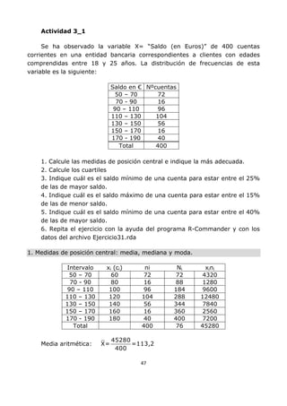 47
Actividad 3_1
Se ha observado la variable X= “Saldo (en Euros)” de 400 cuentas
corrientes en una entidad bancaria correspondientes a clientes con edades
comprendidas entre 18 y 25 años. La distribución de frecuencias de esta
variable es la siguiente:
Saldo en € Nºcuentas
50 – 70 72
70 - 90 16
90 – 110 96
110 – 130 104
130 – 150 56
150 – 170 16
170 - 190 40
Total 400
1. Calcule las medidas de posición central e indique la más adecuada.
2. Calcule los cuartiles
3. Indique cuál es el saldo mínimo de una cuenta para estar entre el 25%
de las de mayor saldo.
4. Indique cuál es el saldo máximo de una cuenta para estar entre el 15%
de las de menor saldo.
5. Indique cuál es el saldo mínimo de una cuenta para estar entre el 40%
de las de mayor saldo.
6. Repita el ejercicio con la ayuda del programa R-Commander y con los
datos del archivo Ejercicio31.rda
1. Medidas de posición central: media, mediana y moda.
Intervalo xi (ci) ni Ni xini
50 – 70 60 72 72 4320
70 - 90 80 16 88 1280
90 – 110 100 96 184 9600
110 – 130 120 104 288 12480
130 – 150 140 56 344 7840
150 – 170 160 16 360 2560
170 - 190 180 40 400 7200
Total 400 76 45280
Media aritmética:
45280
X= =113,2
400
 