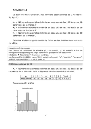 74
Actividad 4_3
La base de datos Ejercicio42.rda contiene observaciones de 3 variables:
X1, X2 y X3.
X1 = ‘Número de caramelos de limón en cada una de las 100 bolsas de 10
caramelos de la marca A’
X2 = ‘Número de caramelos de limón en cada una de las 100 bolsas de 10
caramelos de la marca B’
X3 = ‘Número de caramelos de limón en cada una de las 100 bolsas de 10
caramelos de la marca C’
Describa analítica y gráficamente la forma de las distribuciones de estas
variables.
Instrucciones R-Commander.
Para calcular los coeficientes de asimetría, g1, y de curtosis, g2, es necesario activar sus
correspondientes opciones junto al tipo 3 en el menú que aparece con la secuencia:
Estadísticos ► Resúmenes ► Resúmenes numéricos.
numSummary(Ejercicio41$X1, na.rm=TRUE, statistics=c("mean", "sd", "quantiles", "skewness",
"kurtosis"), quantiles=c(0,.25,.5,.75,1), type="3")
Análisis descriptivo de X1
X1 = ‘Número de caramelos de limón en cada una de las 100 bolsas de 10
caramelos de la marca A’ tiene la siguiente distribución de frecuencias:
X1 1 2 3 4 5 6 7 Total
Frecuencia 10 12 15 26 15 12 10 n = 100
Representación gráfica
Distribución de X1
7
6
5
4
3
2
1
Frecuencia
30
20
10
0
 