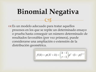 
 Es un modelo adecuado para tratar aquellos
procesos en los que se repite un determinado ensayo
o prueba hasta conseguir un número determinado de
resultados favorables (por vez primera), puede
considerarse una ampliación o extensión de la
distribución geométrica.
Binomial Negativa
 