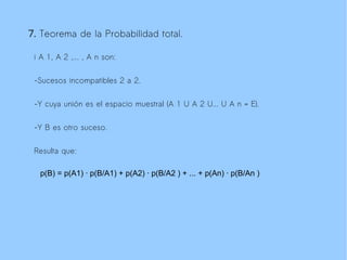 7. Teorema de la Probabilidad total.

 i A 1, A 2 ,... , A n son:

 -Sucesos incompatibles 2 a 2.

 -Y cuya unión es el espacio muestral (A 1 U A 2 U... U A n = E).

 -Y B es otro suceso.

 Resulta que:

  p(B) = p(A1) · p(B/A1) + p(A2) · p(B/A2 ) + ... + p(An) · p(B/An )
 