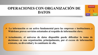  La información es un activo fundamental para las empresas e instituciones, y
Widefense provee servicios orientados al respaldo de información clave.
 Actualmente, el universo de datos disponible puede dificultar la toma de
decisiones en una organización, principalmente, por el exceso de información
existente, su diversidad y lo cambiante de ella.
OPERACIONES CON ORGANIZACIÓN DE
DATOS
 
