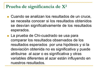 X2 
Pruebadesignificanciade 
Cuandoseanalizanlosresultadosdeuncruce, 
senecesitaconocersilosresultadosobtenidossedesvíansignificativamentedelosresultadosesperados. 
LapruebadeChi-cuadrado seusapara compararlosresultadosobservadosdelos 
 
 
resultadosesperados 
poruna hipótesisysila 
desviaciónobtenidanoessignificativaypuede 
atribuirse 
alazar o essignificativayotras 
variablesdiferentesal azarestáninfluyendoen 
nuestrosresultados.  