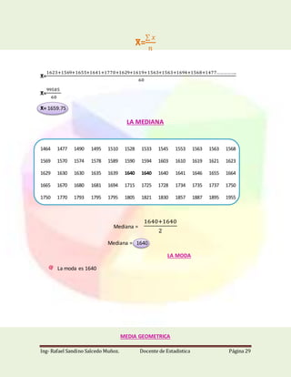Ing- Rafael Sandino Salcedo Muñoz. Docente de Estadistica Página 29
X̅=
∑ 𝑥
𝑛
X̅=
1623+1569+1655+1641+1770+1629+1619+1563+1563+1694+1568+1477……………..
60
X̅=
99585
60
X̅= 1659.75
LA MEDIANA
1464 1477 1490 1495 1510 1528 1533 1545 1553 1563 1563 1568
1569 1570 1574 1578 1589 1590 1594 1603 1610 1619 1621 1623
1629 1630 1630 1635 1639 1640 1640 1640 1641 1646 1655 1664
1665 1670 1680 1681 1694 1715 1725 1728 1734 1735 1737 1750
1750 1770 1793 1795 1795 1805 1821 1830 1857 1887 1895 1955
Mediana =
1640+1640
2
Mediana = 1640
LA MODA
La moda es 1640
MEDIA GEOMETRICA
 