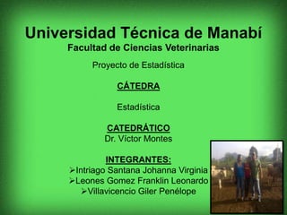 Universidad Técnica de Manabí
Facultad de Ciencias Veterinarias
Proyecto de Estadística
CÁTEDRA
Estadística
CATEDRÁTICO
Dr. Víctor Montes
INTEGRANTES:
Intriago Santana Johanna Virginia
Leones Gomez Franklin Leonardo
Villavicencio Giler Penélope
 