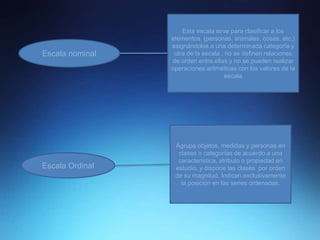 Escala nominal
Esta escala sirve para clasificar a los
elementos (personas, animales, cosas, etc.)
asignándolos a una determinada categoría y
otra de la escala , no se definen relaciones
de orden entre ellas y no se pueden realizar
operaciones aritméticas con los valores de la
escala
Escala Ordinal
Agrupa objetos, medidas y personas en
clases o categorías de acuerdo a una
característica, atributo o propiedad en
estudio, y dispone las clases por orden
de su magnitud. Indican exclusivamente
la posición en las series ordenadas.
 