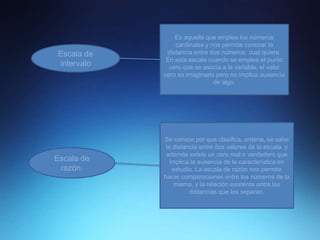 Escala de
intervalo
Es aquella que emplea los números
cardinales y nos permite conocer la
distancia entre dos números cual quiera.
En esta escala cuando se emplea el punto
cero que se asocia a la variable, el valor
cero es imaginario pero no implica ausencia
de algo.
Escala de
razón.
Se conoce por que clasifica, ordena, se sabe
la distancia entre dos valores de la escala, y
además existe un cero real o verdadero que
implica la ausencia de la característica en
estudio. La escala de razón nos permite
hacer comparaciones entre los números de la
misma, y la relación existente entre las
distancias que los separan.
 