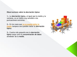 Observaciones sobre la desviación típica:
1.- La desviación típica, al igual que la media y la
varianza, es un índice muy sensible a las
puntuaciones extremas.
2.- En los casos que no se pueda hallar la
media tampoco será posible hallar la desviación
típica.
3.- Cuanta más pequeña sea la desviación
típica mayor será la concentración de datos
alrededor de la media.
 