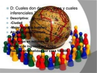  D: Cuales don descripciones y cuales
inferenciales ?:
 Descriptiva:
 -Ciudad
 -Mejor negocio hotelero
 Atracción mas visitada
 Inferencial:
 Población en millones
 Medida de ingresos por hogar
 Tasa de criminalidad por casa 100000
 