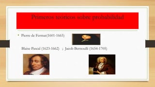 Primeros teóricos sobre probabilidad
• Pierre de Fermat(1601-1665)
Blaise Pascal (1623-1662) ; Jacob Bernoulli (1654-1705)
 