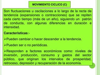 MOVIMIENTO CICLICO (C)

Son fluctuaciones u oscilaciones a lo largo de la recta de
tendencia (expansiones o contracciones) que se repiten
cada cierto tiempo (más de un año), siguiendo un patrón
de conducta, con algunas diferencias en duración e
intensidad.
Características:Pueden cambiar o hacer descender a la tendencia.
Pueden ser o no periódicas.
Responden a factores económicos como: niveles de
inversión, producción, consumo y gastos del sector
público, que originan los intervalos de prosperidad,
retroceso, depresión y recuperación de la economía.

 