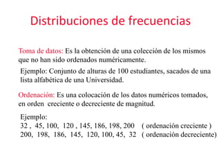Distribuciones de frecuencias
Toma de datos: Es la obtención de una colección de los mismos
que no han sido ordenados numéricamente.
Ejemplo: Conjunto de alturas de 100 estudiantes, sacados de una
lista alfabética de una Universidad.
Ordenación: Es una colocación de los datos numéricos tomados,
en orden creciente o decreciente de magnitud.
Ejemplo:
32 , 45, 100, 120 , 145, 186, 198, 200 ( ordenación creciente )
200, 198, 186, 145, 120, 100, 45, 32 ( ordenación decreciente)
 