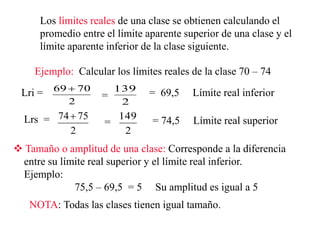 Los límites reales de una clase se obtienen calculando el
promedio entre el límite aparente superior de una clase y el
límite aparente inferior de la clase siguiente.
Ejemplo: Calcular los límites reales de la clase 70 – 74
Lri =
2
7069 
=
2
139 = 69,5 Límite real inferior
Lrs =
2
7574
=
2
149 = 74,5 Límite real superior
 Tamaño o amplitud de una clase: Corresponde a la diferencia
entre su límite real superior y el límite real inferior.
Ejemplo:
75,5 – 69,5 = 5 Su amplitud es igual a 5
NOTA: Todas las clases tienen igual tamaño.
 