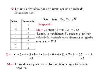  Las notas obtenidas por 45 alumnos en una prueba de
Estadística son:
Notas Frecuencia
1 1
2 4
3 5
4 6
5 9
6 12
7 8
Determinar : Mo, Me y X
Respuesta:
X = 1•1 + 2 • 4 + 3 • 5 + 4 • 6 + 5 • 9 + 6 • 12 + 7 • 8 = 221 = 4,9
45 45
Me = Como n / 2 = 45 / 2 = 22,5
Luego. la mediana es 5 , pues es el primer
valor de la variable cuya f(acum.) es igual o
mayor que 22,5
Mo = La moda es 6 pues es el valor que tiene mayor frecuencia
absoluta
 