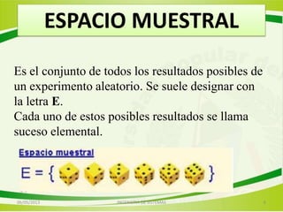 ESPACIO MUESTRAL
Es el conjunto de todos los resultados posibles de
un experimento aleatorio. Se suele designar con
la letra E.
Cada uno de estos posibles resultados se llama
suceso elemental.
06/05/2013 6INGENIERIA DE SISTEMAS
 