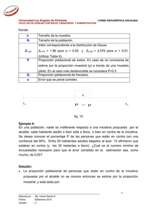 Universidad Los Ángeles de Chimbote CURSO ESTADÍSTICA APLICADA
FACULTAD DE CIENCIAS CONTABLES, FINANCIERAS Y ADMINISTRATIVAS
Donde:
n Tamaño de la muestra.
N Tamaño de la población.
Z1-α/2
Valor correspondiente a la distribución de Gauss
Z0.975 = 1.96 para α = 0.05 y Z0.995 = 2.576 para α = 0.01.
(Utilizar Tabla II).
P Proporción poblacional de éxitos. En caso de no conocerse se
estima por la proporción muestral (p) a través de una muestra
piloto. En el caso más desfavorable se considera P=0.5
Q Proporción poblacional de fracasos.
e Error que se prevé cometer.
fig. 15
Ejemplo 4:
En una población, nadie es indiferente respecto a una iniciativa propuesta por el
alcalde: cada habitante adulto o bien está a favor, o bien en contra de la iniciativa.
Se desea conocer el porcentaje P de las personas que están en contra con una
confianza del 95%. Entre 50 habitantes adultos elegidos al azar, 15 afirmaron que
estaban en contra (y los 35 restantes a favor). ¿Cual es el numero mínimo de
encuestados necesario para que el error cometido en la estimación sea, como
mucho, de 0.05?
Solución:
● La proporción poblacional de personas que están en contra de la iniciativa
propuesta por el alcalde no se conoce entonces se estima por la proporción
muestral, y está dada por:
___________________________________________________________________________ 8
Elaborado por : Mg. Carmen Barreto R.
Fecha : Setiembre 2010
Versión : 2
L1 L2
e
P p−
 