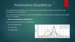 Parámetros Estadísticos
Un parámetro estadístico es un número que se obtiene a partir de los datos de
una distribución estadística.
Los parámetros estadísticos sirven para sintetizar la información dada por una tabla
o por una gráfica.
 Tipos de parámetros estadísticos
Hay tres tipos parámetros estadísticos:
 De centralización.
 De posición
 De dispersión.
 