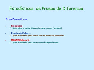 Estadísticos  de Prueba de Diferencia Chi square-  Determina si existe diferencia entre grupos (nominal) Prueba de Fisher –  Igual al anterior pero usada solo en muestras pequeñas.  MANN Whitney U- Igual al anterior pero para grupos independientes  B. No Paramétricos 