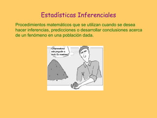 Estadísticas Inferenciales Procedimientos matemáticos que se utilizan cuando se desea  hacer inferencias, predicciones o desarrollar conclusiones acerca de un fenómeno en una población dada. 