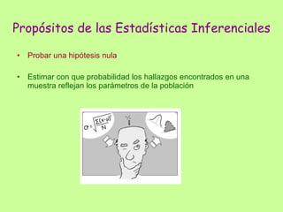 Propósitos de las Estadísticas Inferenciales Probar una hipótesis nula Estimar con que probabilidad los hallazgos encontrados en una muestra reflejan los parámetros de la población 