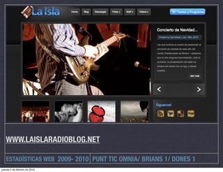 WWW.LAISLARADIOBLOG.NET

   ESTADÍSTICAS WEB 2009- 2010 PUNT TIC OMNIA/ BRIANS 1/ DONES 1
jueves 4 de febrero de 2010
 