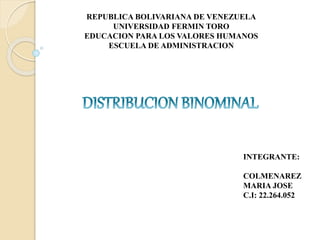 REPUBLICA BOLIVARIANA DE VENEZUELA
UNIVERSIDAD FERMIN TORO
EDUCACION PARA LOS VALORES HUMANOS
ESCUELA DE ADMINISTRACION
INTEGRANTE:
COLMENAREZ
MARIA JOSE
C.I: 22.264.052
 