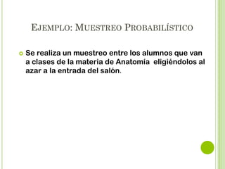 EJEMPLO: MUESTREO NO PROBABILÍSTICO


Se utiliza la lista de propietarios de líneas
telefónicas para elegir a aquellos que serán
encuestados.

Este diseño es NO Probabilístico porque aquellos que
no tienen teléfono NO PUEDEN ser elegidos

 