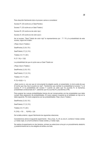 16
Para describir fácilmente todo el proceso vamos a considerar:
Suceso P: | El coche es un Seat Panda |
Suceso T: | El coche es un Seat Toledo |
Suceso R: | El coche es de color rojo |
Suceso A: | El coche es de color azul |
Así el suceso: "Seat Toledo de color rojo" lo representamos por : T ∩ R y la probabilidad de este
suceso, sigue de la tabla :
| Rojo | Azul | Totales |
SeatPanda | 2 | 8 | 10 |
SeatToledo | 7 | 3 | 10 |
Totales | 9 | 11 | 20 |
P (T ∩ R) = 7/20
La probabilidad de que el coche sea un Seat Toledo es:
| Rojo | Azul | Totales |
SeatPanda | 2 | 8 | 10 |
SeatToledo | 7 | 3 | 10 |
Totales | 9 | 11 | 20 |
P (T)=10/20 = ½
¿Qué ocurre si, una vez que el concursante ha elegido puerta, el presentador, le da la pista de que
el coche que hay tras la puerta es rojo?. Tendremos que cambiar la probabilidad al suceso T y al
suceso P. A la probabilidad del suceso T cuando se sabe que ha ocurrido R, le llamamos
probabilidad condicionada de T, sabiendo que ha ocurrido R y escribimos (T/R)
Para asignar las nuevas probabilidades hemos de ser consecuentes con las propiedades que debe
cumplir toda asignación de probabilidades. El nuevo espacio muestral es el señalado en rojo en la
tabla siguiente. Por tanto asignamos así las probabilidades: Rojo | Azul | Totales |
SeatPanda | 2 | 8 | 10 |
SeatToledo | 7 | 3 | 10 |
Totales | 9 | 11 | 20 |
P (T/R) = 7/9 ; P(P/R) = 2/9
De la tabla anterior, siguen fácilmente las siguientes relaciones:
Consideremos ahora el siguiente experimento : Dos urnas, A y B ,la urna A, contiene 3 bolas verdes
y 2 bolas rojas, la urna B contiene 2 bolas verdes y 3 bolas rojas.
Se realiza el experimento en dos tiempos, primero se selecciona urna por un procedimiento aleatorio
y posteriormente de la urna elegida se extrae una bola.
 