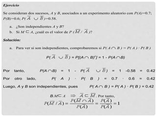 Ejercicio
Se consideran dos sucesos, A y B, asociados a un experimento aleatorio con P(A)=0.7;
P(B)=0.6; P( )=0.58.
a. ¿Son independientes A y B?
b. Si M A, ¿cuál es el valor de P ( / )?
Solución:
a. Para ver si son independientes, comprobaremos si P( A B ) = P( A ) · P( B )
P( ) = P[(A B)c
] = 1 - P(A B)
Por tanto, P(A B) = 1 - P( ) = 1 -0.58 = 0.42
Por otro lado, P( A ) · P( B ) = 0.7 · 0.6 = 0.42
Luego, A y B son independientes, pues P( A B ) = P( A ) · P( B ) = 0.42
B.M A . Por tanto,
 