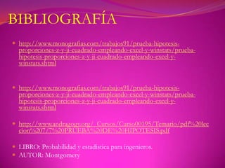 BIBLIOGRAFÍA
 http://www.monografias.com/trabajos91/prueba-hipotesis-
  proporciones-z-y-ji-cuadrado-empleando-excel-y-winstats/prueba-
  hipotesis-proporciones-z-y-ji-cuadrado-empleando-excel-y-
  winstats.shtml


 http://www.monografias.com/trabajos91/prueba-hipotesis-
  proporciones-z-y-ji-cuadrado-empleando-excel-y-winstats/prueba-
  hipotesis-proporciones-z-y-ji-cuadrado-empleando-excel-y-
  winstats.shtml

 http://www.andragogy.org/_Cursos/Curso00195/Temario/pdf%20lec
  cion%207/7%20PRUEBA%20DE%20HIPOTESIS.pdf

 LIBRO: Probabilidad y estadistica para ingenieros.
 AUTOR: Montgomery
 