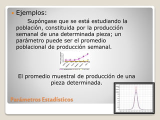 ParámetrosEstadísticos
 Ejemplos:
Supóngase que se está estudiando la
población, constituida por la producción
semanal de una determinada pieza; un
parámetro puede ser el promedio
poblacional de producción semanal.
El promedio muestral de producción de una
pieza determinada.
 
