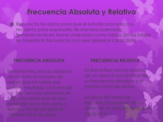 Frecuencia Absoluta y Relativa
 Recolecta los datos para que el estudio proceda a su
recuento para expresarlo de manera ordenada,
generalmente en forma ordenada como tablas. En las tablas
se muestra la frecuencia con que aparece cada dato.
FRECUENCIA ABSOLUTA
Se llama frecuencia absoluta
de un dato al número de
veces que ha salido ese
dato o resultado. La suma de
las frecuencias absolutas de
todos los datos que se han
obtenido en la encuesta o
estudio, ha de ser igual al
número total de datos.
FRECUENCIA RELATIVA
Se llama frecuencia relativa
de un dato al cociente entre
su frecuencia absoluta y el
número total de datos.
La suma de todas las
frecuencias relativas de los
datos de un estudio tiene que
ser igual a 1.
 