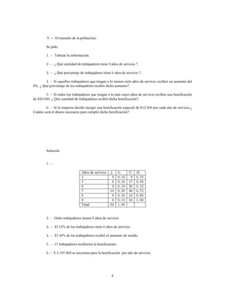 9
(tamaño de la población)
Se pide:
Tabular la información.
¿ Qué cantidad de trabajadores tiene años de servicio ?.
¿ Qué porcentaje de trabajadores tiene años de servicio ?.
Si aquellos trabajadores que tengan a lo menos siete años de servicio reciben un aumento del
% .¿ Qué porcentaje de los trabajadores recibió dicho aumento?.
Si todos los trabajadores que tengan a lo más cinco años de servicio reciben una bonificación
de $ .¿ Qué cantidad de trabajadores recibió dicha bonificación?.
Si la empresa decide otorgar una bonificación especial de $ por cada año de servicio.¿
Cuánto será el dinero necesario para cumplir dicha bonificación?.
Solución
Años de servicio
Total
Ocho trabajadores tienen años de servicio
El % de los trabajadores tiene años de servicio.
El % de los trabajadores recibió el aumento de sueldo.
trabajadores recibieron la bonificación.
$ se necesitan para la bonificación por año de servicio.
 