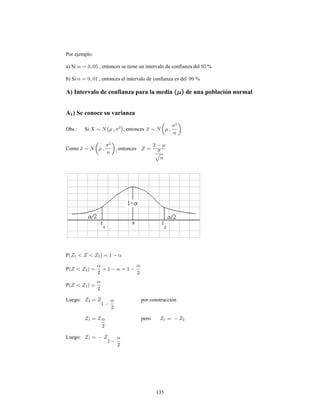 135
Por ejemplo:
a) Si , entonces se tiene un intervalo de confianza del %
b) Si , entonces el intervalo de confianza es del %
A) Intervalo de confianza para la media de una población normal
A ) Se conoce su varianza1
Obs.: Si , entonces
Como , entonces
P
P
P
Luego: por construcción
pero
Luego:
 