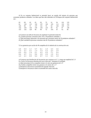 14
4) En un conjunto habitacional se pretende hacer un estudio del número de personas que
consumen productos enlatados. Los datos que han sido obtenidos de 50 bloques del conjunto habitacional
son
a) Construir una tabla de fecuencia de amplitud partiendo desde
b) ¿Cuántas personas consumen entre y productos enlatados ?.
c) ¿Qué porcentaje representa a las personas que consumen menos de productos enlatados?.
d) ¿Qué cantidad de personas consumen más de productos enlatados?.
5) Las ganancias por acción de 40 compañías de la industria de la construcción son:
a) Construya una distribución de frecuencias que comience en y tenga una amplitud de
b) ¿Cuál es la frecuencia absoluta del tercer intervalo?. Interprete el resultado .
c) ¿Qué porcentaje de las compañías tienen a lo más una ganancia de ?
d) ¿Cuántas compañías tienen una ganancia a lo menos de ?
e) Interprete la frecuencia acumulada del segundo intervalo.
f) Interprete la frecuencia relativa acumulada del cuarto intervalo.
 