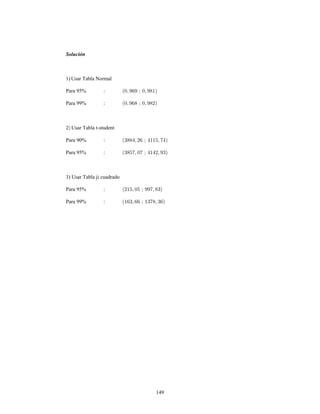 149
Solución
1) Usar Tabla Normal
Para 95% :
Para 99% :
Usar Tabla t-student
Para 90% :
Para 95% :
3) Usar Tabla ji cuadrado
Para 95% :
Para 99% :
 